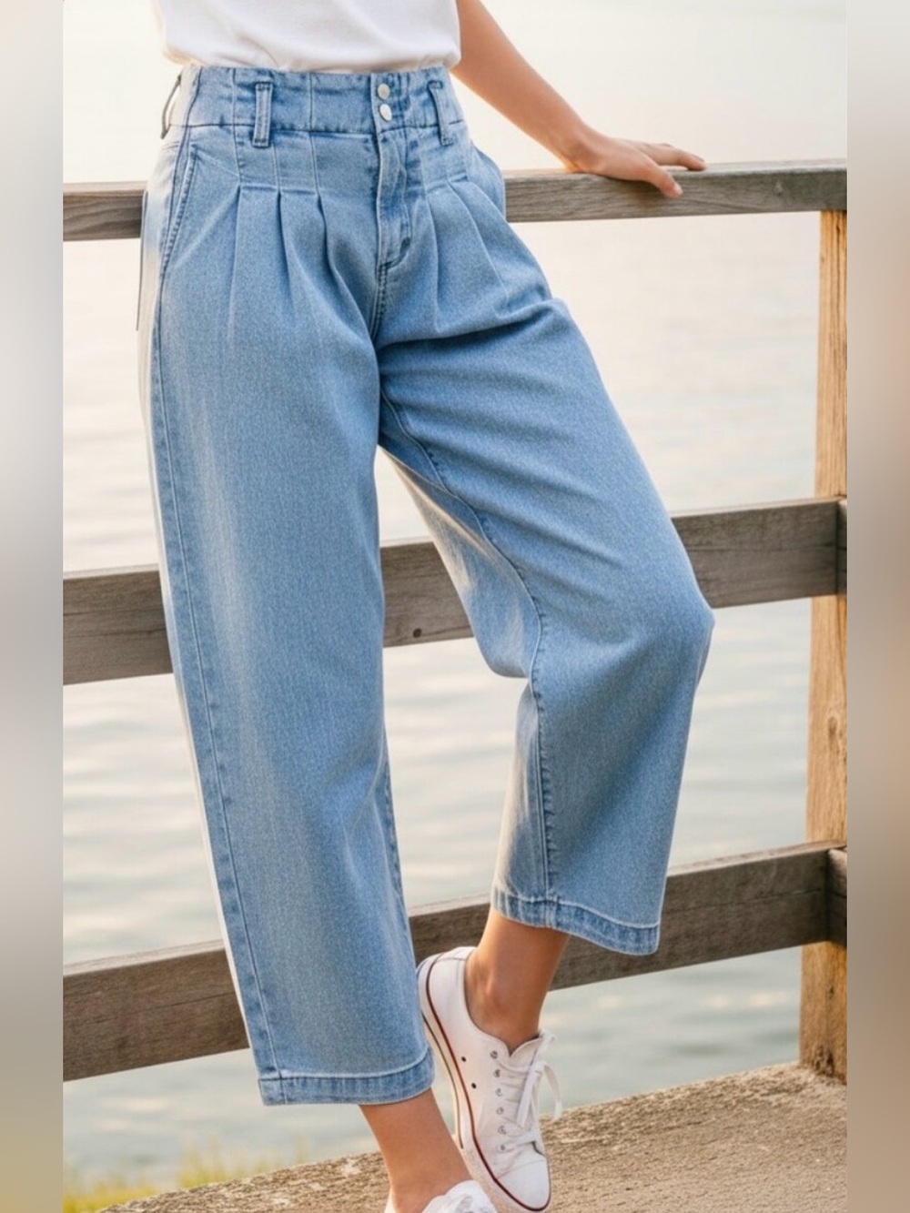 🩵 RISEN Slouchy Crop Barrel Pleated Jeans- medium wash - Picture 2 of 10